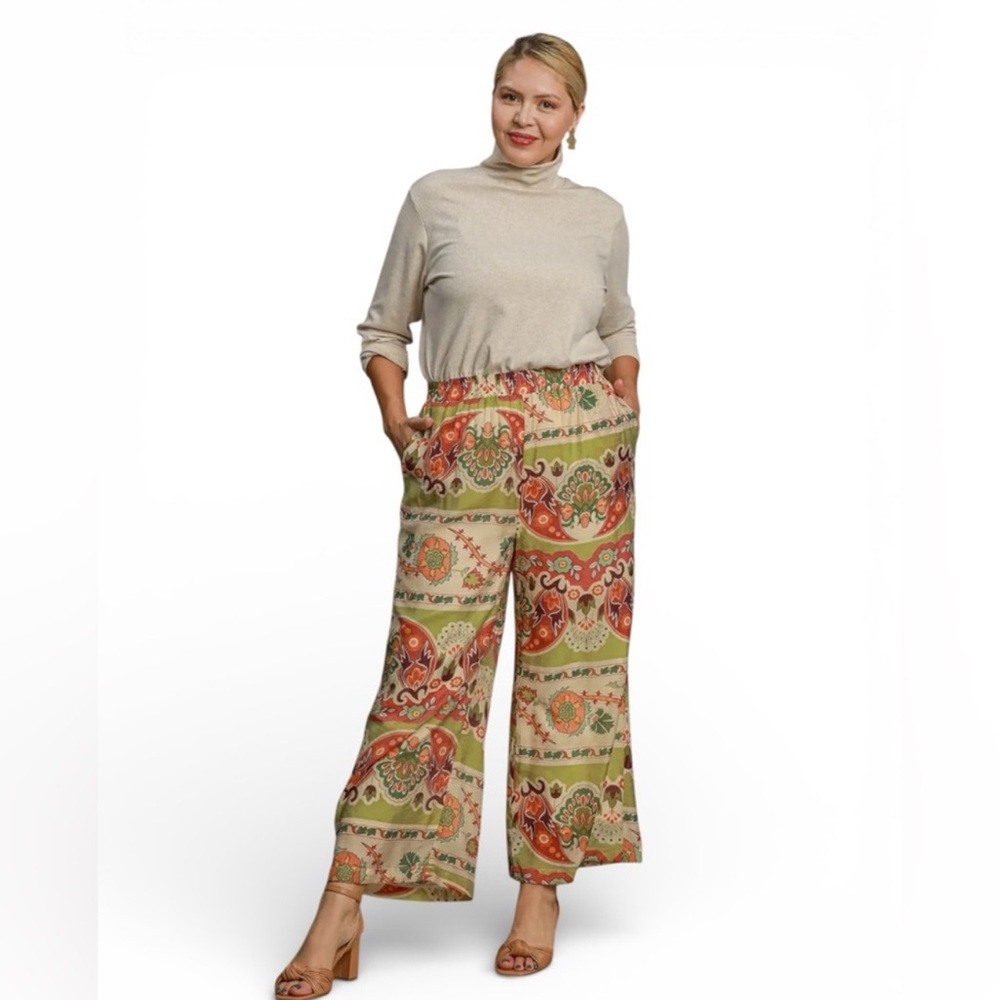 Umgee Wide Leg Green Print Pants Size Medium NWT - Picture 2 of 4